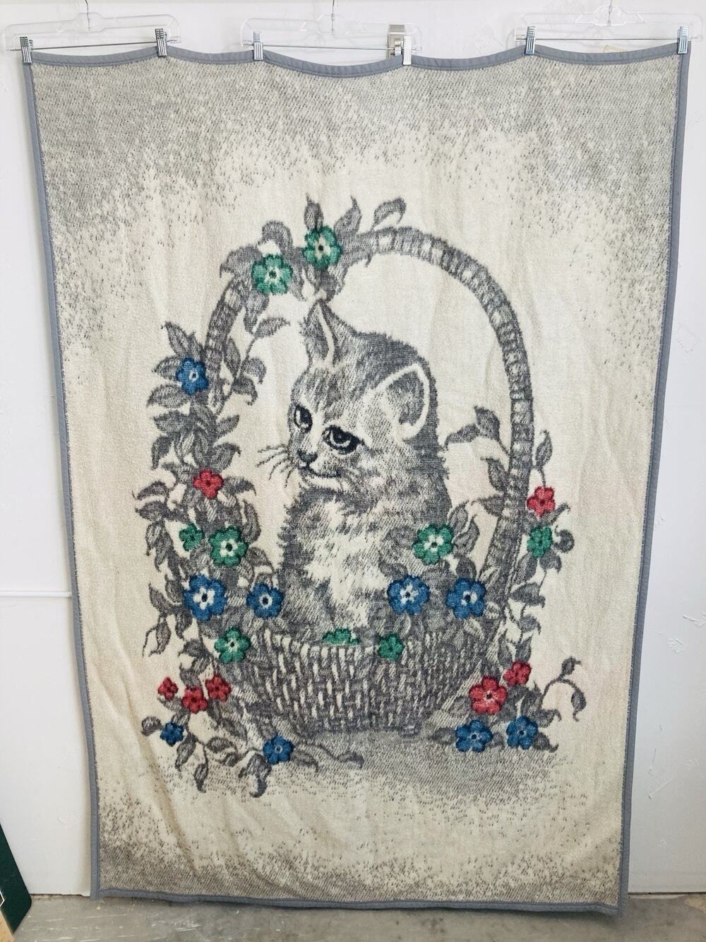 VTG Biederlack Of America Throw Plush Blanket Cat Kitten Flower Basket Spring US